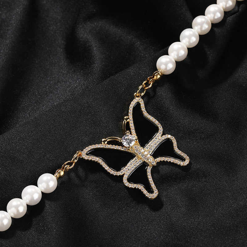 Chains Wind Butterfly Pearl Necklace Vintage Light Luxury Diamond Set Spectrum St. Valentine's