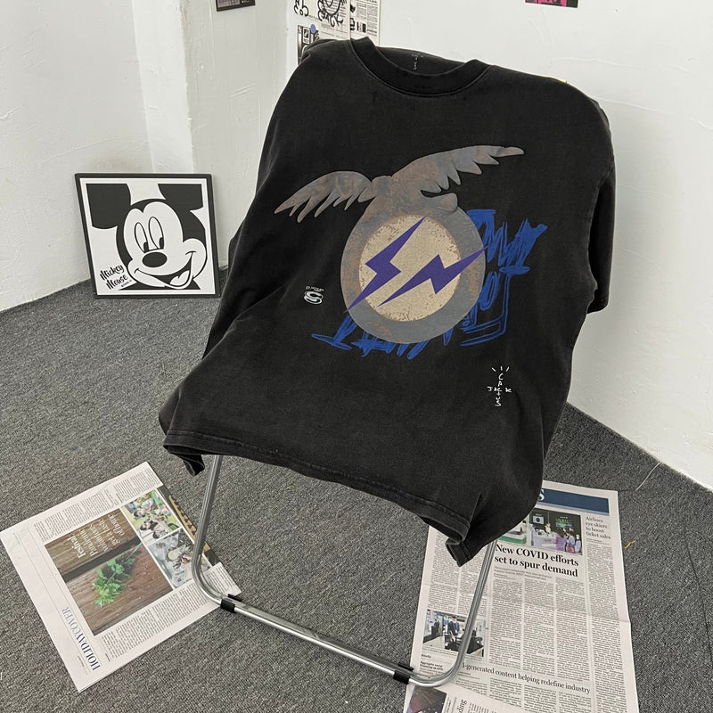 Mens T-shirts Travis Scott Cactus Jack X Fragment Eagle Lightning Animal Print Short Sleeve T-Shirt