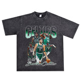 Basket Ball Star T Shirt Jayson Tatum Washed Distressed Printed T-Shirt Loose Retro Short Sleeve