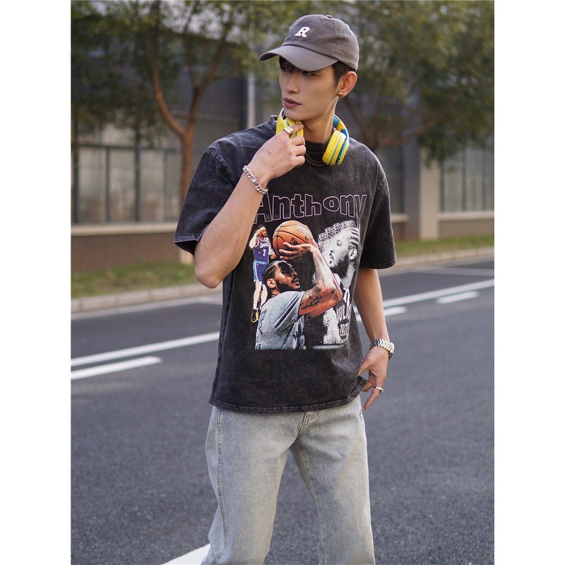 Basket Ball Star T Shirt Basketball Print Carmelo Anthony Washed Distressed T-shirt Loose