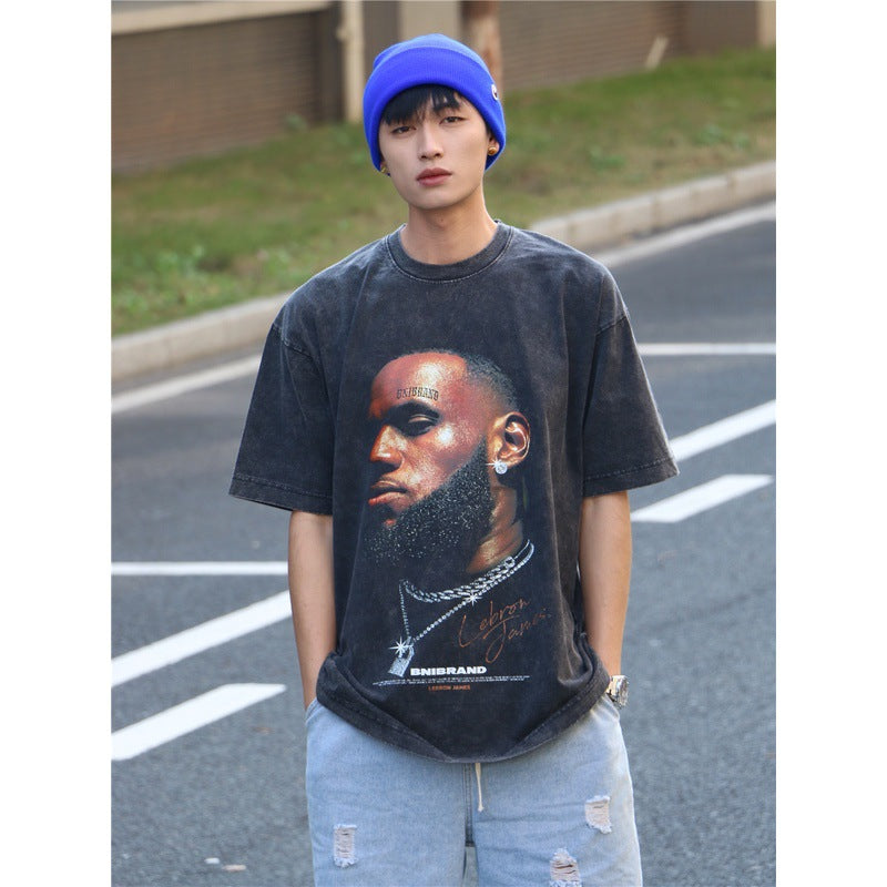 Basket Ball Star T Shirt Lebron James Washed Distressed Street American T-Shirt Loose