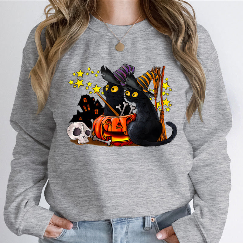 Cat Lover Halloween Ghost Sweatshirts Women Skeleton Black