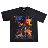 Basket Ball Star T Shirt Basketball Stephen Curry Washed Distressed Printed T-Shirt Short Sleeve Retro Pure Cotton