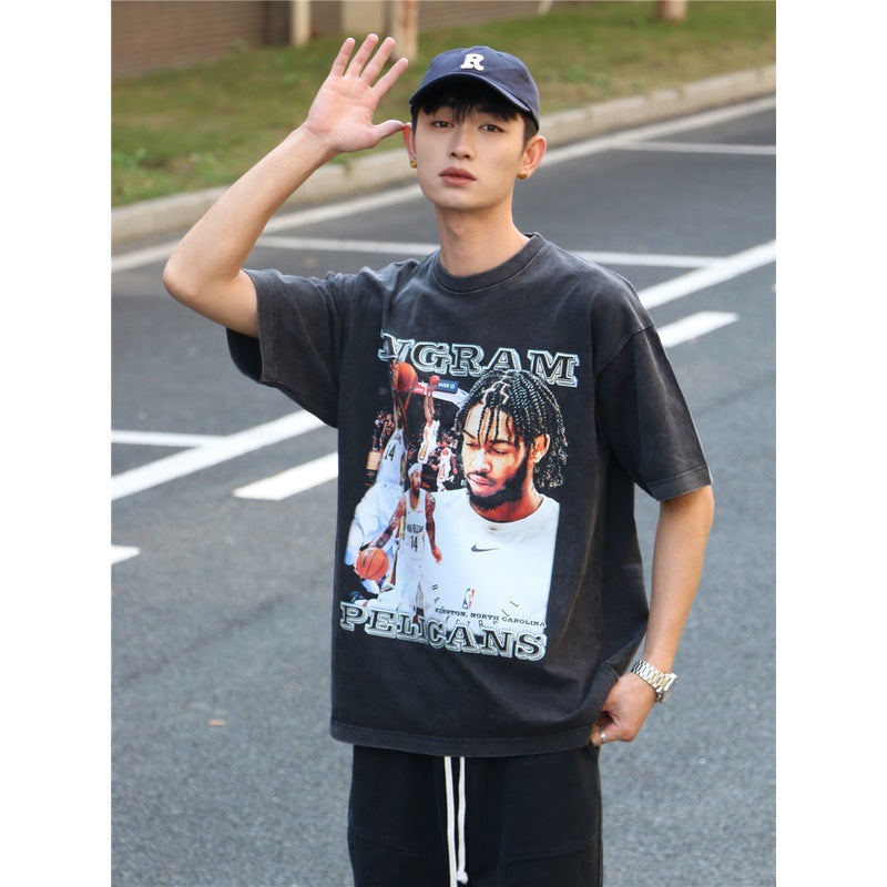 Basket Ball Star T Shirt Basketball Washed Distressed Short Sleeve Printed round Neck Loose T-shirt Pure Cotton