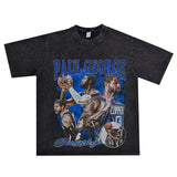 Basket Ball Star T Shirt Basketball Paul George Washed Distressed Printed T-Shirt Vintage Cotton Short Sleeve