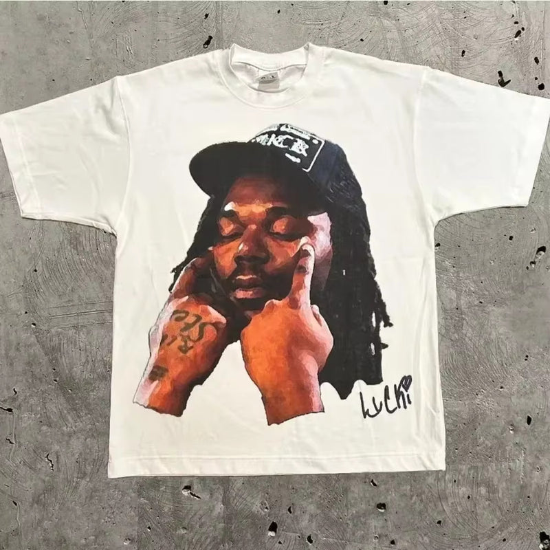 T-Shirt Vintage Portrait Letter Print Short Sleeve Men's
