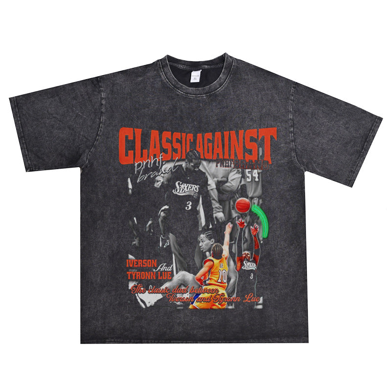 Basket Ball Star T Shirt Allenezailiverson Washed Distressed T-Shirt Printed Retro Loose