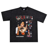 Basket Ball Star T Shirt Jalen Green Washed Distressed Printed T-Shirt Retro Short Sleeve Loose
