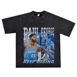 Basket Ball Star T Shirt Basketball Paul George Washed Distressed Printed T-Shirt Vintage Cotton Short Sleeve