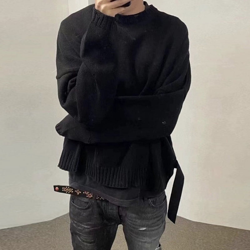 MIJKO Mens Jacket Small Ripped Knitted Sweater Loose Sweater