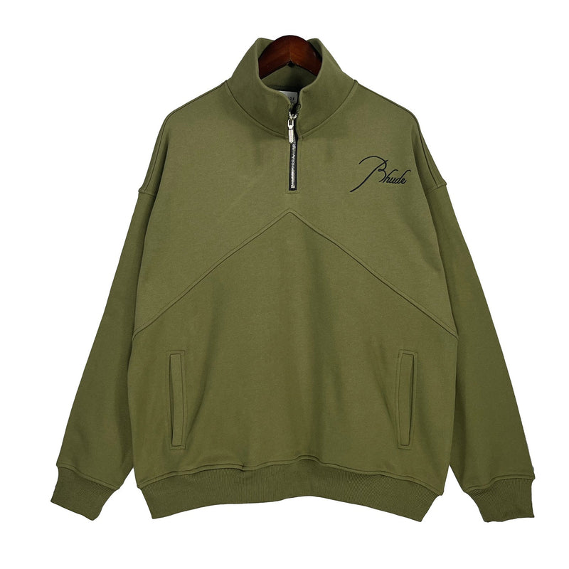 Rhude Hoodie Stand Collar Zipper Embroidery Stitching Sweater for Men and Women Autumn and Winter