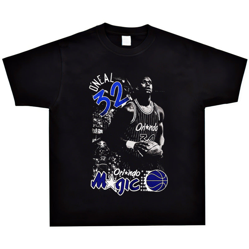 Basket Ball Star T Shirt Basketball Washed Distressed Printed T-shirt Retro Short Sleeve Hip Hop round Neck Loose