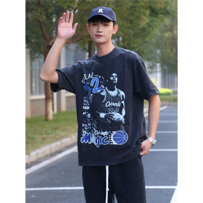 Basket Ball Star T Shirt Basketball Washed Distressed Printed T-shirt Retro Short Sleeve Hip Hop round Neck Loose