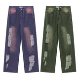 Men Jeans Ripped Wide-Legged Straight Jeans Retro Trousers