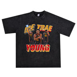 Basket Ball Star T Shirt Trae Young Washed Distressed Printed American T-shirt Loose Retro