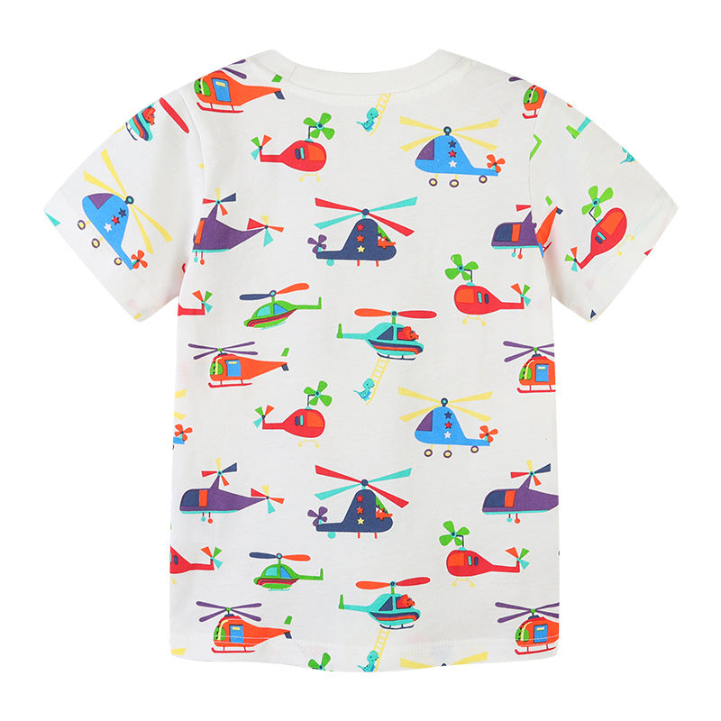 Boy T Shirt Children's Summer Clothing Knitted Cotton Children's Short-Sleeved T-shirt Cartoon round Neck Printing