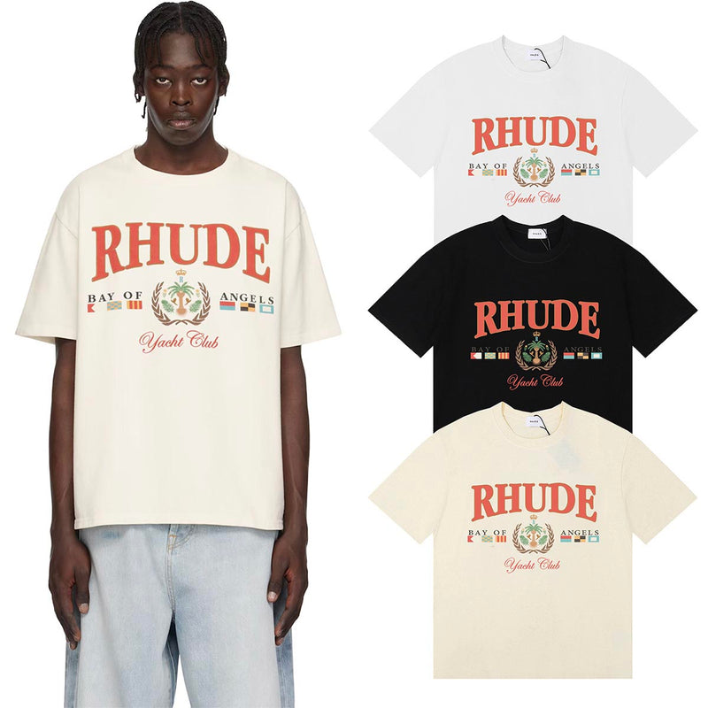 Rhude T Shirts Flag Badge Cotton Casual Short Sleeve Men and Women