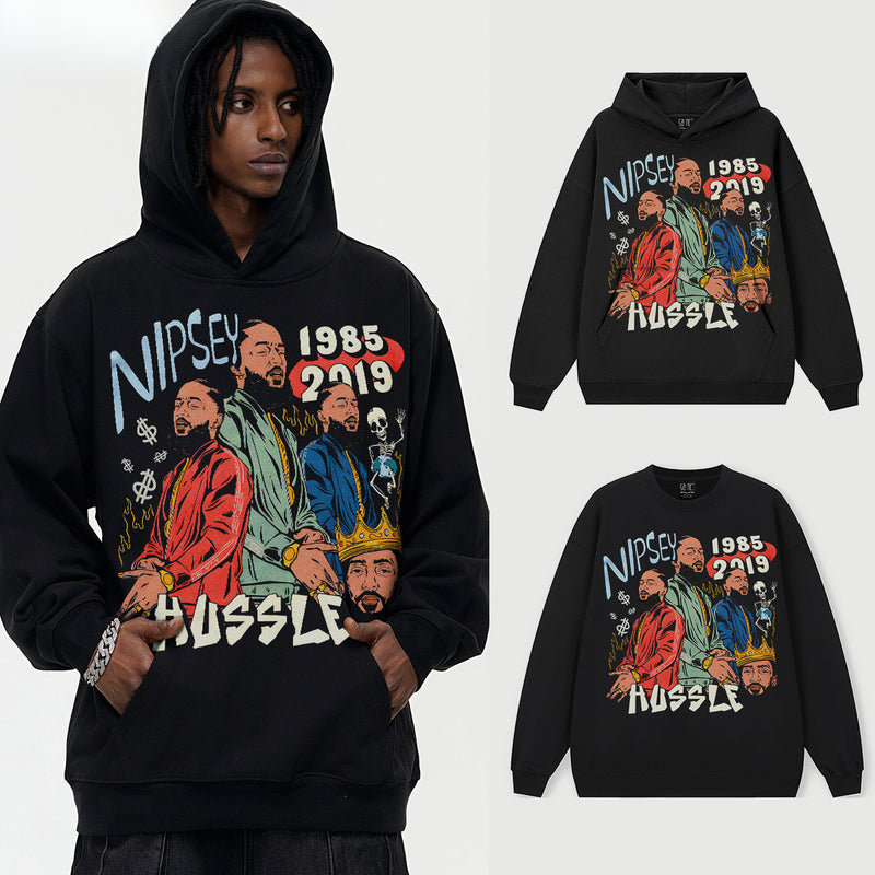 Vintage Hoodie American Vintage Print Solid Color Hooded Crew Neck Sweater