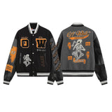 Off White Jacket Spring OW Skull Decal Woolen Splicing Leather Sleeve Heavy Industry Embroidered Jacket