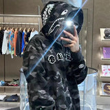 Bathing Ape Hoodie Camouflage Shark Text Embroidered Cardigan Hooded Sweater Jacket