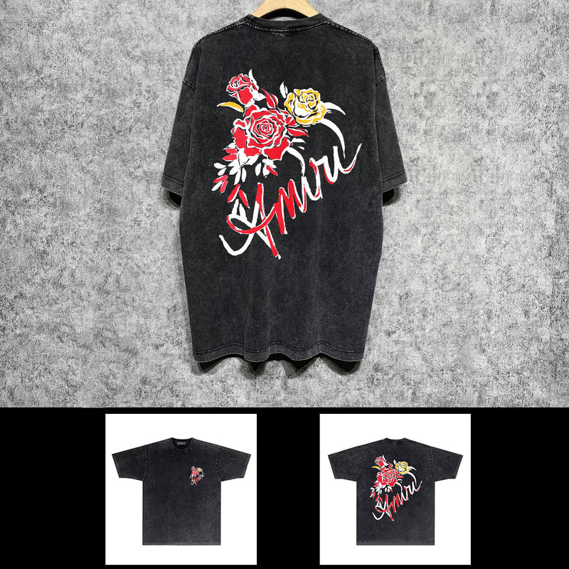 Amiri washed t-shirt flower printing short sleeve