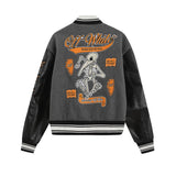 Off White Jacket Spring OW Skull Decal Woolen Splicing Leather Sleeve Heavy Industry Embroidered Jacket