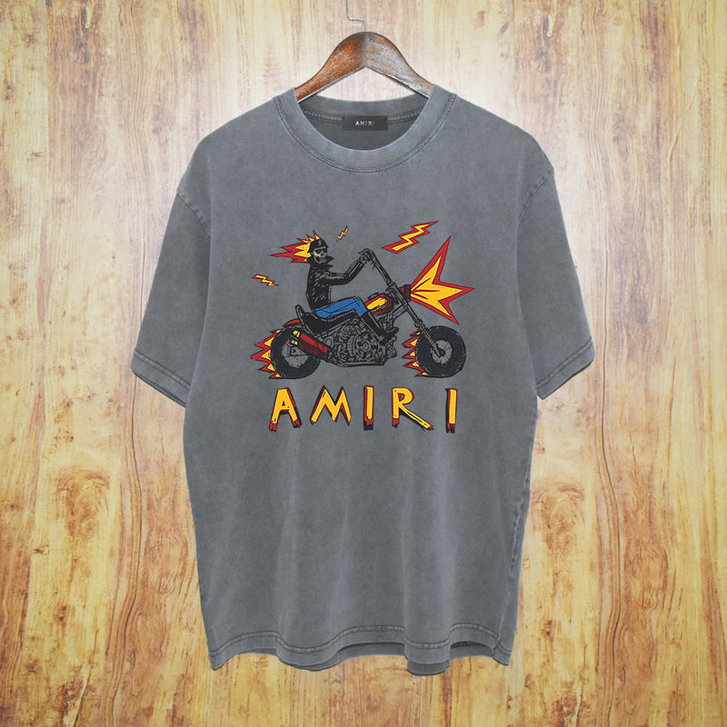 Amiri washed t-shirt motorcycle skull printing short sleeves