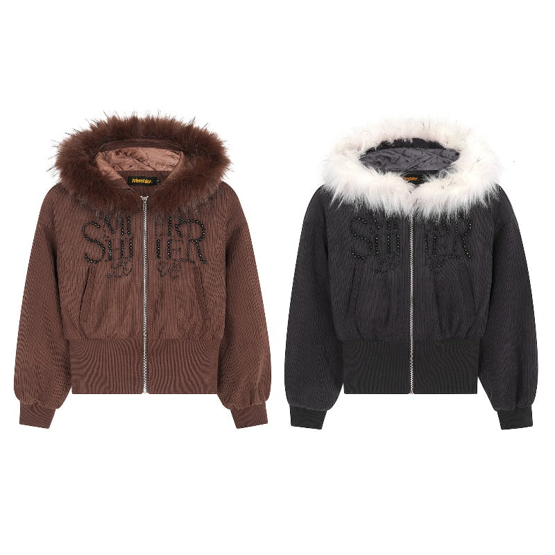 Unisex Down Jacket Winter Fur Collar Corduroy Short Jacket