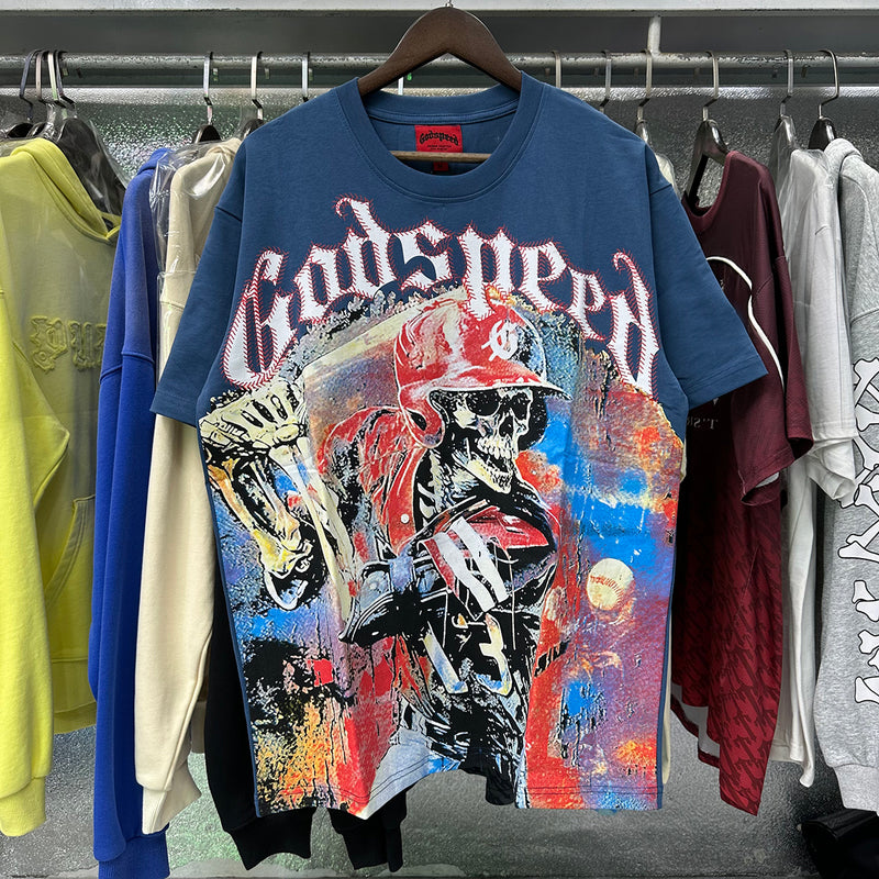 Godspeed T Shirts Skull Baseball Players Printed Cotton Casual Short Sleeves Men and Women
