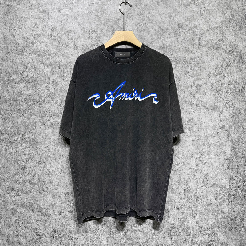 Amiri washed t-shirt blue art word printing short sleeves