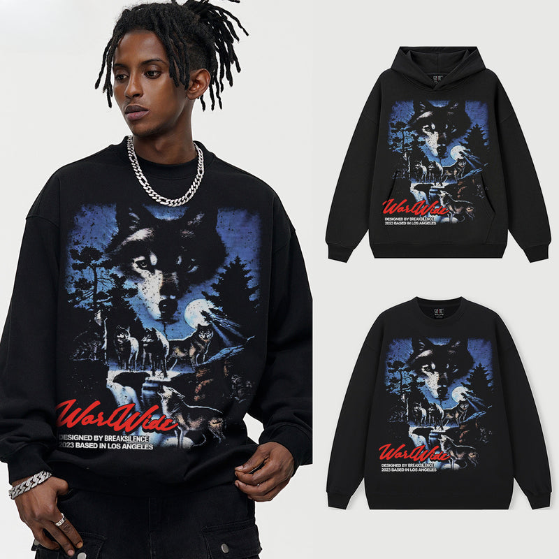 Vintage Hoodie Silver Wolf Night Vintage Printed Hooded Sweater Fall/Winter Crew Neck