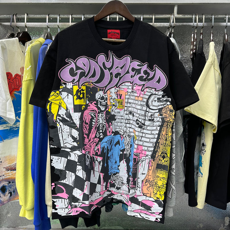 Godspeed t Shirts Graffiti Wall Skull Artist Printing Cotton Casual Short Sleeves Men and Women