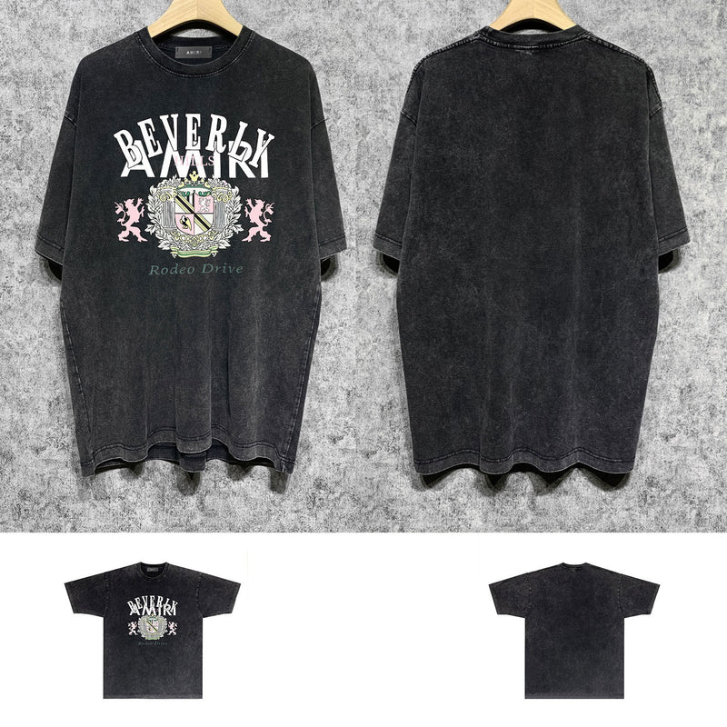 Amiri washed t-shirt lion medal printing short sleeve