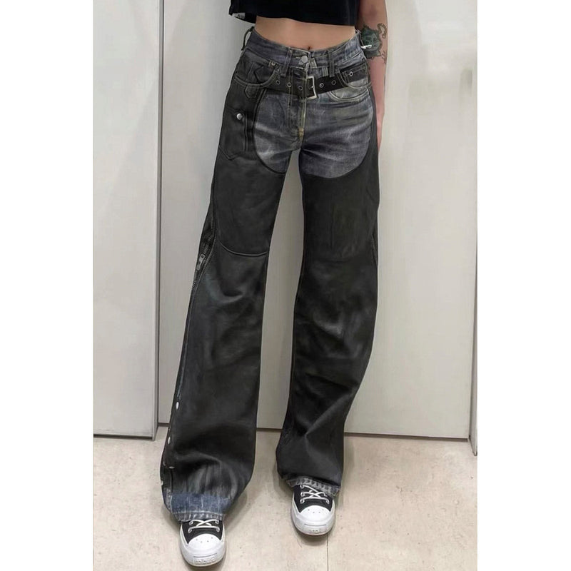 Unisex Pants Vintage Spliced Belt Trim Jeans