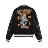 Off White Jacket Spring OW Skull Decal Woolen Splicing Leather Sleeve Heavy Industry Embroidered Jacket
