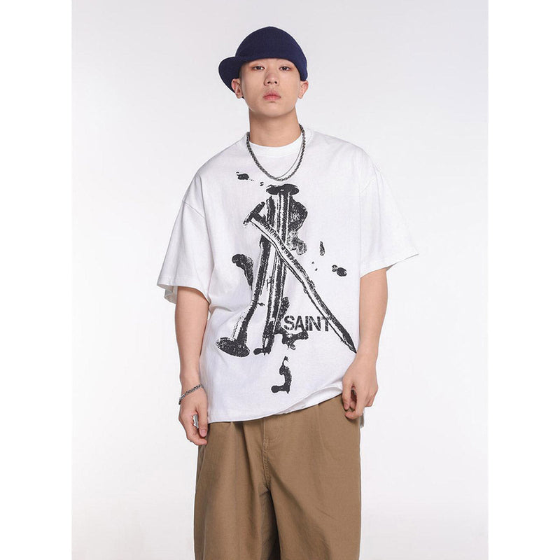 Unisex T-Shirts Saint Michael Fun Nail Print Casual Loose T-Shirt