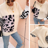 Women Pullover Knit Sweater Women's Clothing Autumn and Winter Contrast Color Leopard-Print Sweater Women