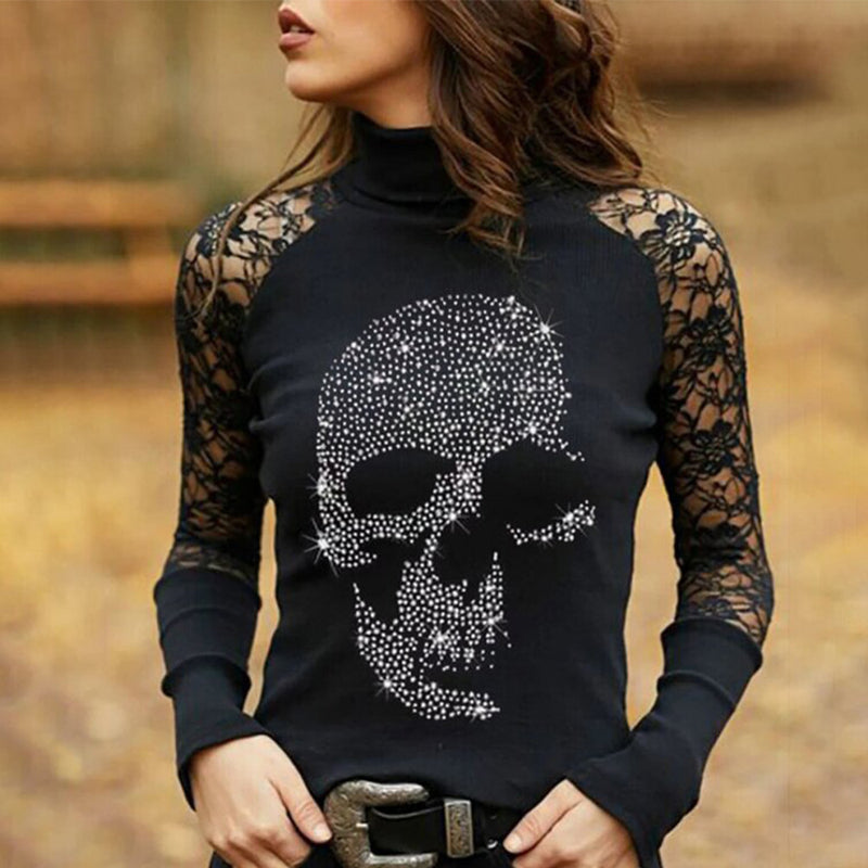 Skull Apparel Skull Hot Drilling Half-High Collar Long Sleeves