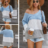Women Pullover Knit Sweater Striped Stitching Sweater Women's V-neck off-Shoulder Coat
