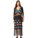 Beth Dutton Bohemian Dress Winter Autumn Maxi Dresses Embroidered V-neck See-through Tassel Maxi Dress