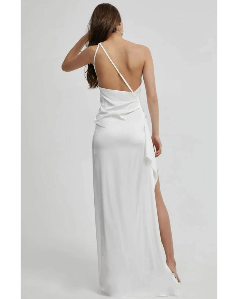 Kendall Jenner Wedding Guest Dress Satin Slant Shoulder Slit Irregular Sexy