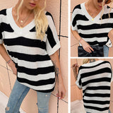 Women Pullover Knit Sweater Women's Autumn V-neck Striped Short Sleeve Sweater