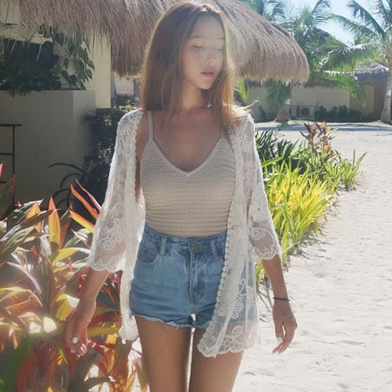 Coachella Music Festival Outfits Lace Shirt Cardigan Coat Mesh Rose Sun Protection Clothing Mid-Length Air-Conditioner Cardigan Women Shawl