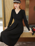 MIDI Mauve Cocktail Dress Autumn and Winter Vintage V-neck Pleated Sleeve Waist Slimming Dress Knitted