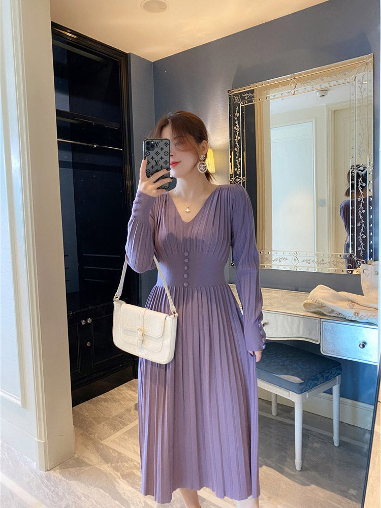 MIDI Mauve Cocktail Dress Autumn and Winter Vintage V-neck Pleated Sleeve Waist Slimming Dress Knitted