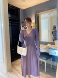 MIDI Mauve Cocktail Dress Autumn and Winter Vintage V-neck Pleated Sleeve Waist Slimming Dress Knitted