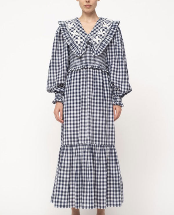 Kendall Jenner Wedding Guest Dress Niche Doll Collar Pleated Waist Slimming A- line Lantern Long Sleeve Plaid