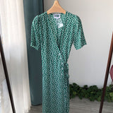 Emerald Green Dress Floral Short Sleeve Wrap Skirt Temperament Slimming One Piece Strap
