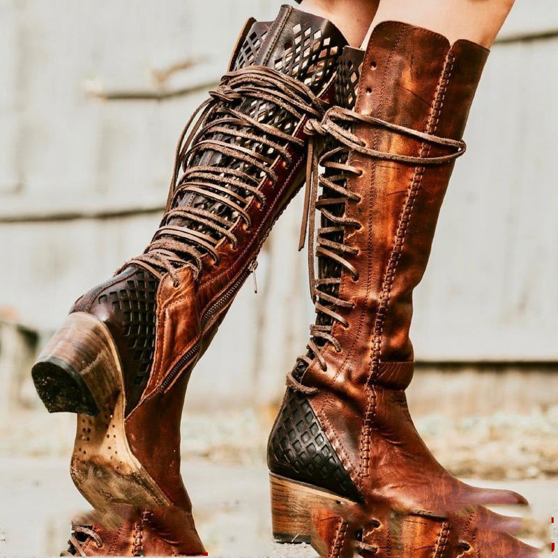 Beth Dutton Shoes Autumn and Winter round Head Hollow Knight Women's High Boots