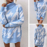 Women Pullover Knit Sweater Women's Autumn and Winter Contrast Color Lapel Mid-Length Sweater